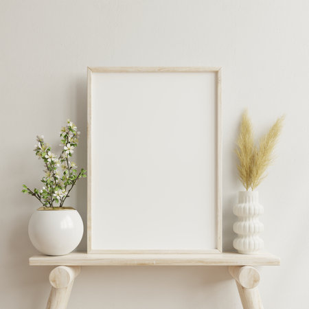 Interior poster mockup with vertical wooden frame in home interior background with vase,3D renderingの写真素材
