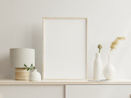 Interior poster mockup with vertical wooden frame in home interior background on cabinet,3D renderingの写真素材