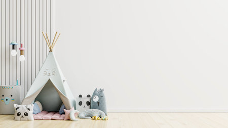 Mockup wall in the children's room, bedroom interior on wall white color background.3D Rendering