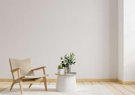 Living room interior room wall mockup in warm tones,armchair with wood cabinet.3d renderingの写真素材