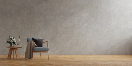 Dark grey armchair and a wooden table in living room interior with plant,concrete wall.3d renderingの写真素材