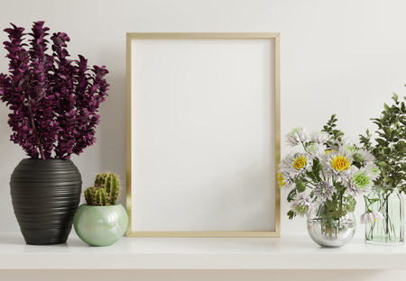 Interior poster mockup with vertical golden photo frame in home interior background,3D rendering