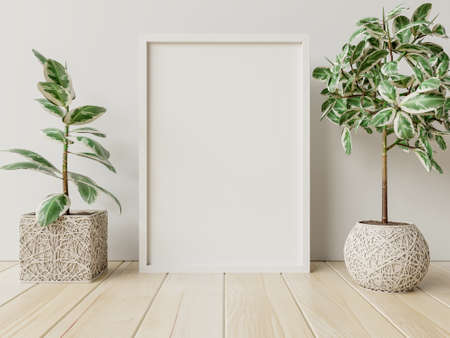 Interior poster mockup with plant pot in room have back white wall.3D renderingの写真素材