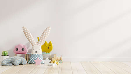Mockup wall in the children's room with doll in light white color wall background,3d renderingの写真素材