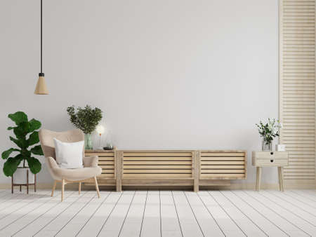 Cabinet TV on the white wall in living room with armchair,minimal design,3d renderingの写真素材