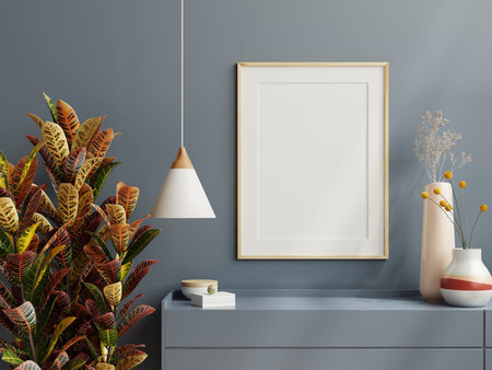Mockup poster frame in minimalist interior background with dark wall,3d rendering