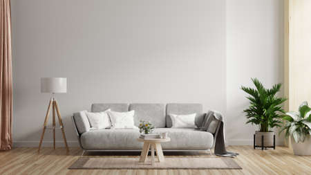 Living room interior wall mockup with sofa with decor on white background.3d renderingの写真素材