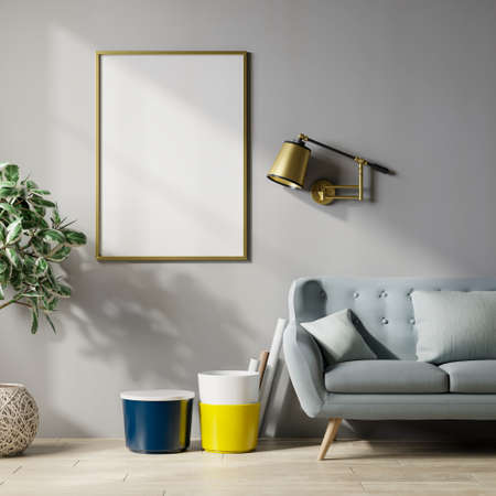 Mockup poster frame in modern interior background,gray wall,3D renderingの写真素材