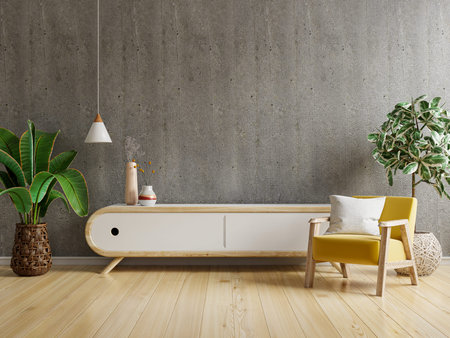 Living room interior have cabinet for tv and leather armchair in cement room with concrete wall.3D...