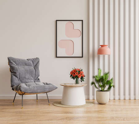 Poster mockup with vertical frames on empty white wall in living room interior with blue velvet armchair.3D renderingの写真素材