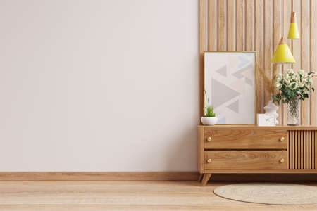 Mockup wall on the wooden cabinet with beautiful plants.3D renderingの写真素材