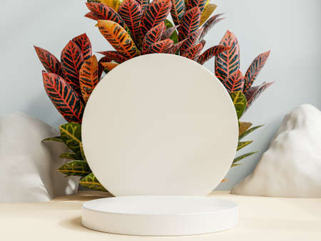 Product presentation podium with a cream color background.3D renderingの写真素材