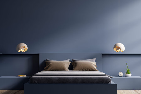 Dark bed and mockup dark blue wall in bedroom interior,3d rendering