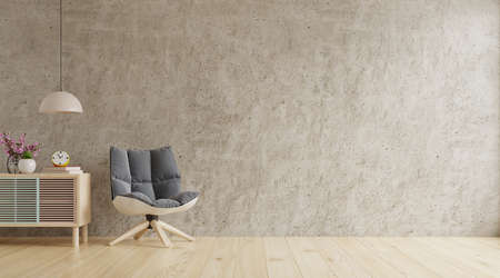 Living room interior wall mockup with armchair and a wooden cabinet on concrete wall.3d renderingの写真素材