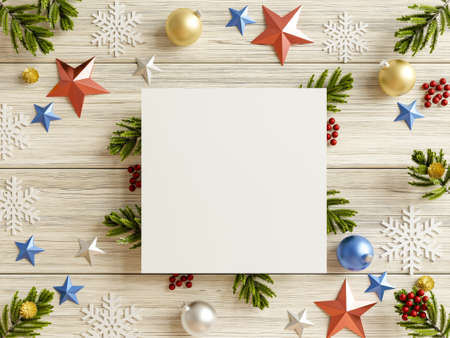 Mockup paper blank on christmas tree branches which has a wooden back.3D renderingの写真素材