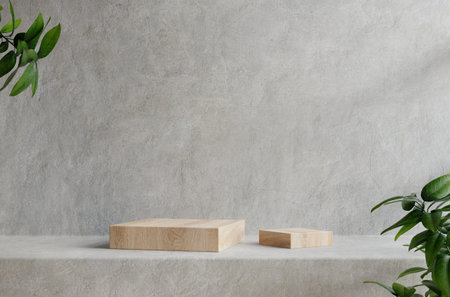 Wood podium on table counter with concrete grunge texture background.3d rendering