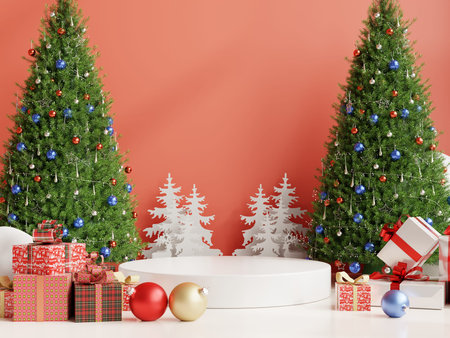 White product display podium with christmas tree in living room on red wall background,3d renderingの写真素材