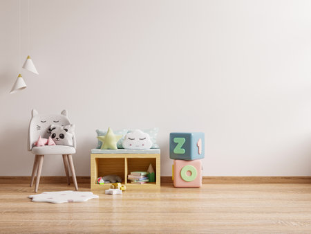 Space of empty wall in simple child's room on wall white colors background.3D Renderingの写真素材