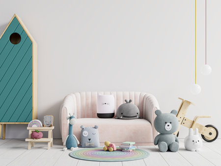 Mock up wall children's room in scandinavian style with white wall background.3d renderingの写真素材
