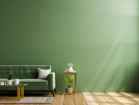 Livingroom interior green wall mock up with green fabric sofa and wooden floor.3d renderingの写真素材