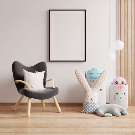 Mock up poster frame in children's room with white room design.3D Renderingの写真素材