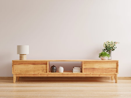 Cabinet for tv interior in white wall mockup.3d renderingの写真素材