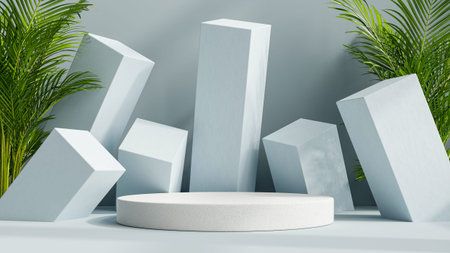 Mockup podium for product presentation podium with cube blue background.3d rendering