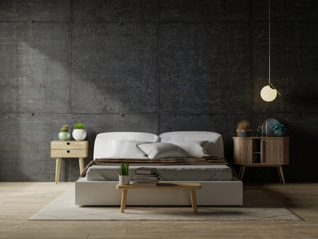Dark bedroom interior mockup,white bed on empty concrete wall background.3d rendering