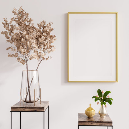 Mock up frame photo wall mounted in living room interior on empty white wall background.3d rendering