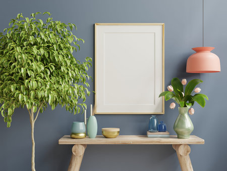 Interior wooden frame mockup on shelf behind the blue wall.3d rendering