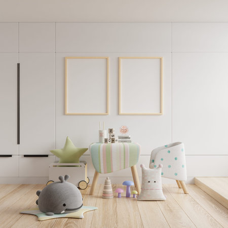 Mockup frame photo in the children's room, bedroom interior on wall white color background.3d...