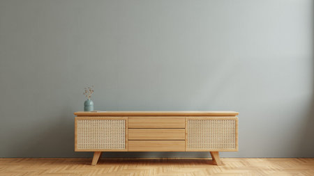 Cabinet for tv in living room interior wall mockup on dark concrete wall.3d rendering