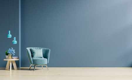 Living room interior mockup in warm tones with armchair on empty dark blue wall background.3D...