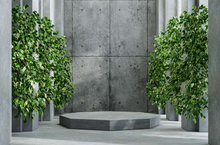 Mock up concrete podium for product presentation with tree and a cement background.3D renderingの写真素材