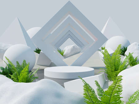 White product display podium in the middle of the water with white desert background.3D renderingの写真素材
