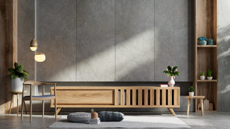 Cabinet for TV in modern living room with armchair,lamp,table,flower and plant on concrete wall...