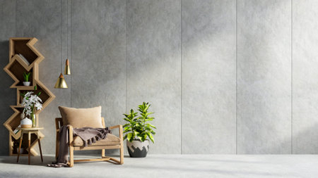 Living room interior in loft style with brown armchair on empty concrete wall background.3D...