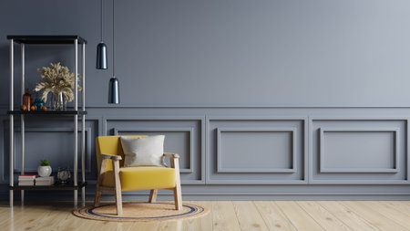 Living room interior wall mock up with yellow armchair on empty dark wall background.3D rendering
