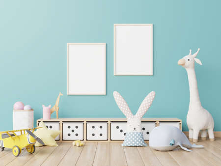 Mock up poster frame in children's room empty blue wall background.3d renderingの写真素材