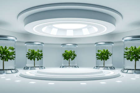 Hydroponics Lab room on spacecraft with white circle podium empty.3D renderingの写真素材