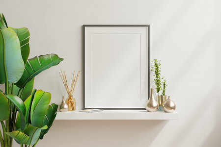 Interior poster mock up with vertical empty black frame,Scandinavian style.3d rendering