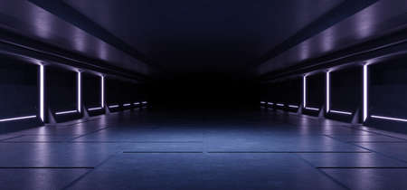 Sci Fi futuristic studio stage dark room in space station with glowing neon lights background.3d renderingの写真素材