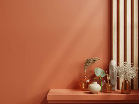 Shelf mockup in modern empty room,dark orange wall.3d renderingの写真素材