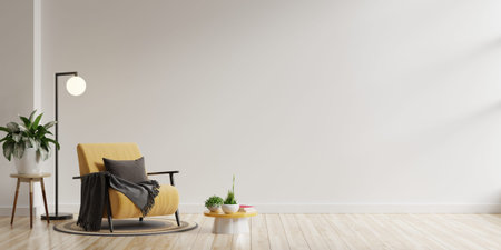 Living room interior has a yellow armchair on empty white wall background.3D renderingの写真素材