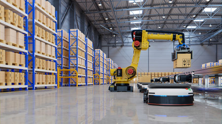 Factory Automation with AGV and robotic arm in transportation to increase transport more with safety.3D renderingの写真素材
