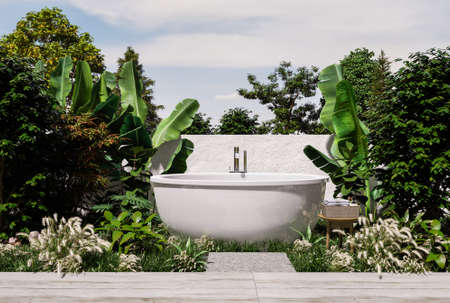 Bathtub standing on ground grass with back style concrete wall background,3D renderingの写真素材
