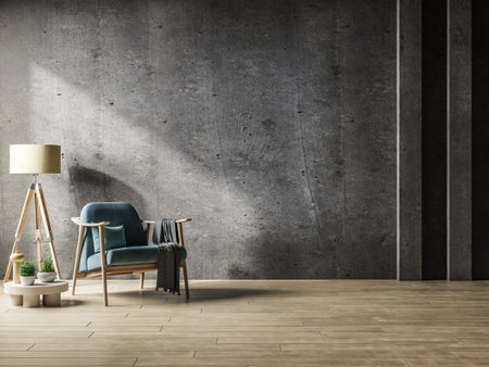 Loft style house with blue armchair and accessories in the room.3d rendering