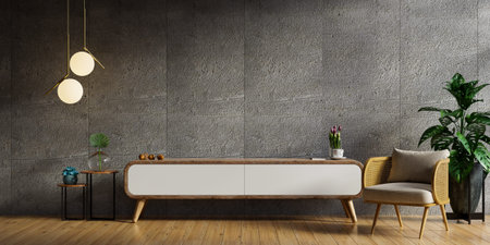 Wooden cabinet TV in modern living room with armchair and plant on concrete wall background.3d...