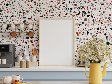 Mock up poster frame in kitchen interior with terrazzo wall background.3D rendering