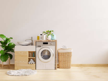 Laundry room with modern washing machine and hygienic wash basin on white wall background.3D renderingの写真素材